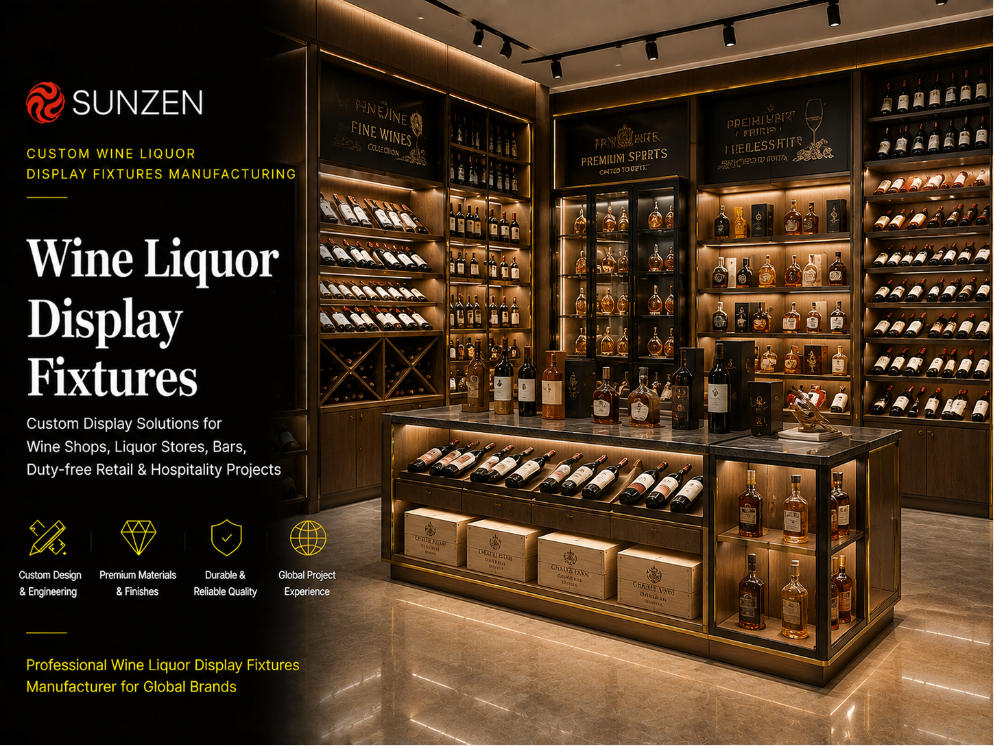 Custom wine liquor display fixtures manufactured by SUNZEN for wine shops liquor stores bars and duty-free retail projects